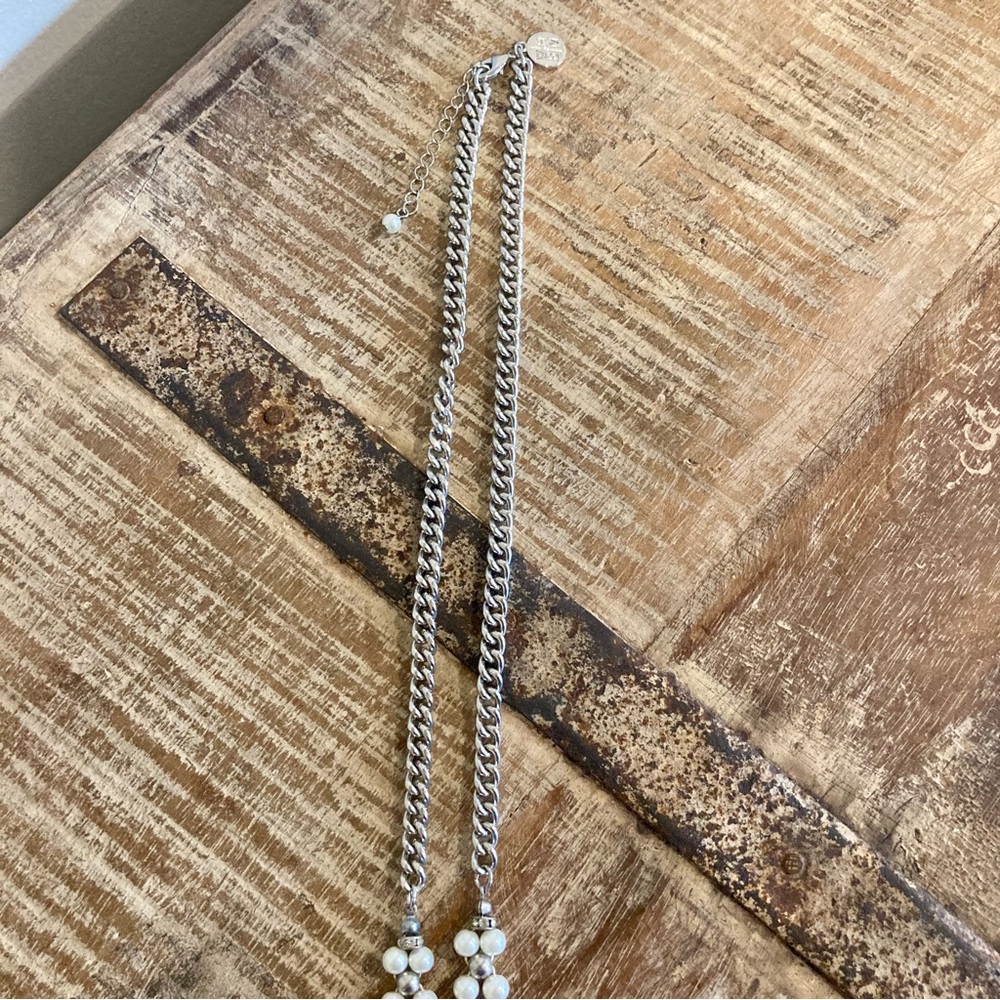 White House Black Market Silver Tone Faux Pearl Rhinestone Tassel Necklace - Picture 13 of 16